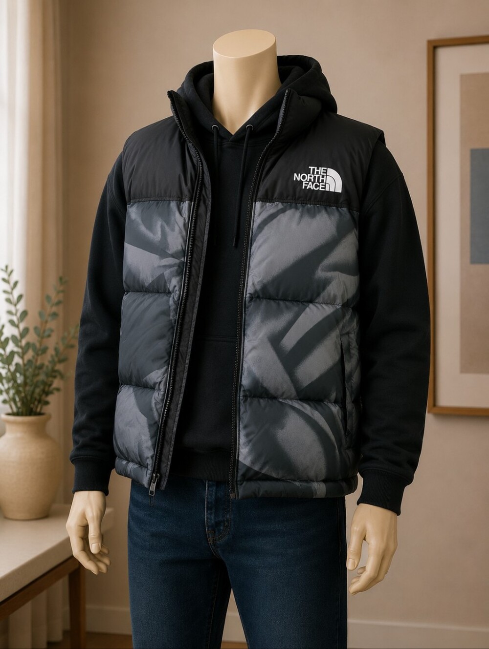 The North Face 700 Fill Down Puffer Vest Men's XL Black Gray Hooded Full Zip Jac